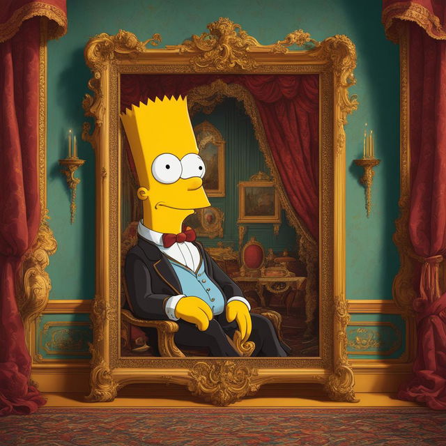 A Rococo-style portrait of a distinguished Bart Simpson in an elaborate setting.