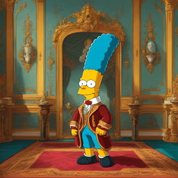 A Rococo-style portrait of Bart Simpson, dressed in 18th-century attire, in an opulent setting.