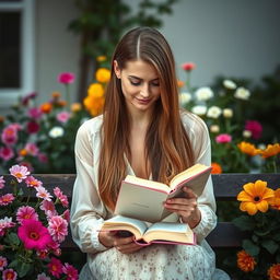 A captivating 37-year-old Danish woman with long, smooth hair, sitting on a bench with a book in her hands, surrounded by beautiful flowers