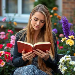 A captivating 37-year-old Danish woman with long, smooth hair, sitting on a bench with a book in her hands, surrounded by beautiful flowers