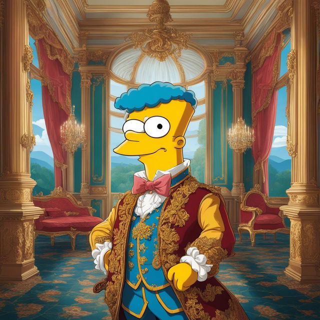 A Rococo-style portrait of Bart Simpson, dressed in 18th-century attire, in an opulent setting.