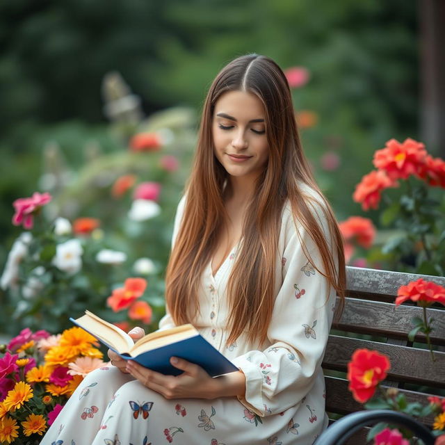 A captivating 37-year-old Danish woman with long, smooth hair, sitting on a bench with a book in her hands, surrounded by beautiful flowers