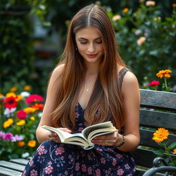 A captivating 37-year-old Danish woman with long, smooth hair, sitting on a bench with a book in her hands, surrounded by beautiful flowers