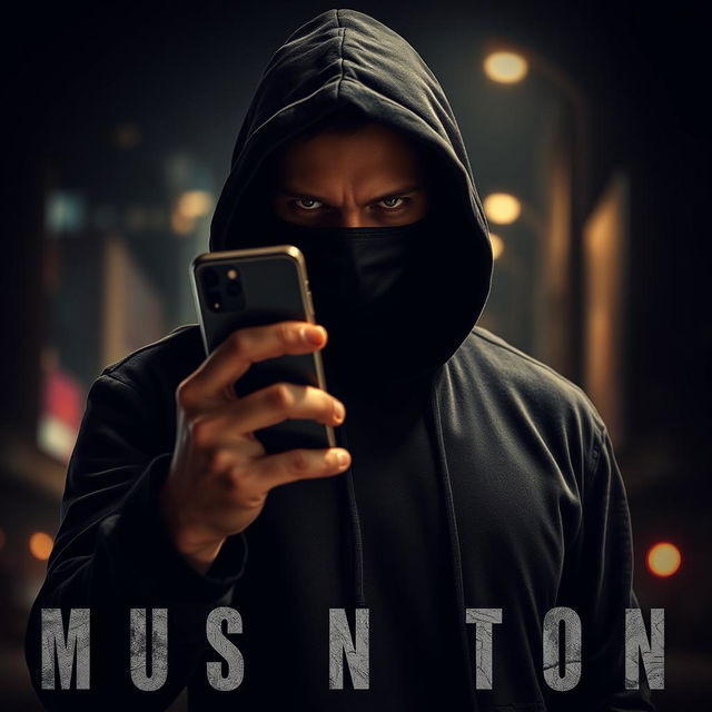 A gripping thriller movie poster featuring a masked man wearing a black hoodie, holding a mobile phone in one hand while looking directly at the viewer with an intense gaze