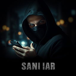 A gripping thriller movie poster featuring a masked man wearing a black hoodie, holding a mobile phone in one hand while looking directly at the viewer with an intense gaze
