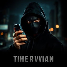 A gripping thriller movie poster featuring a masked man wearing a black hoodie, holding a mobile phone in one hand while looking directly at the viewer with an intense gaze