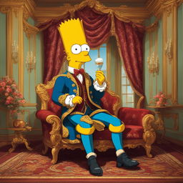 A Rococo-style portrait of Bart Simpson, dressed in 18th-century attire, in an opulent setting.