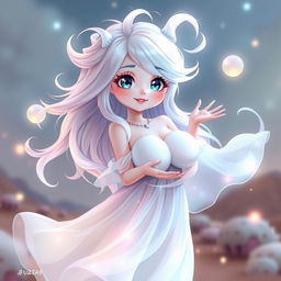 A cute ghost cosplay character with large breasts, featuring a playful and charming expression