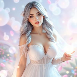 A beautiful woman in a cute ghost cosplay with large breasts, showcasing an adorable and charming expression