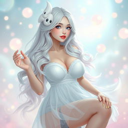 A beautiful woman in a cute ghost cosplay with large breasts, showcasing an adorable and charming expression