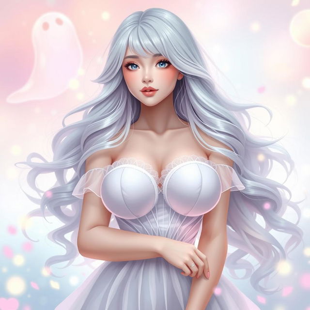 A beautiful woman in a cute ghost cosplay with large breasts, showcasing an adorable and charming expression