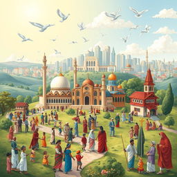 An intricate illustration symbolizing religion, society, and nation