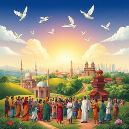 An intricate illustration symbolizing religion, society, and nation