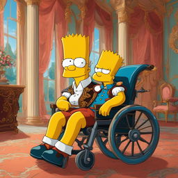 A Rococo-style portrait of Bart Simpson in a wheelchair, dressed in 18th-century attire, in an opulent setting.