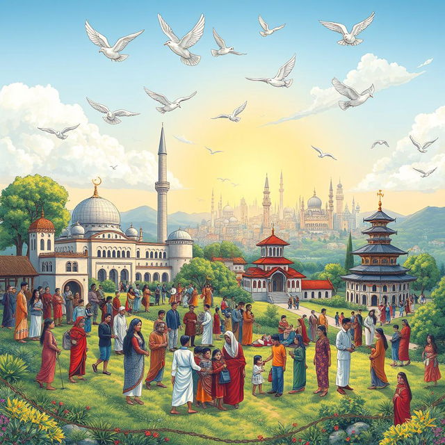 An intricate illustration symbolizing religion, society, and nation