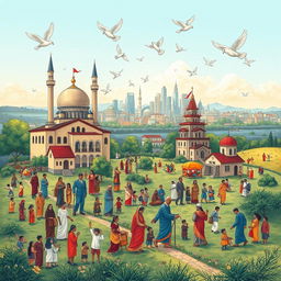 An intricate illustration symbolizing religion, society, and nation