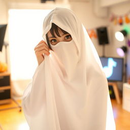 A female cosplayer dressed as a classic white sheet ghost, playfully peeking from behind a bright light source, creating a captivating contrast