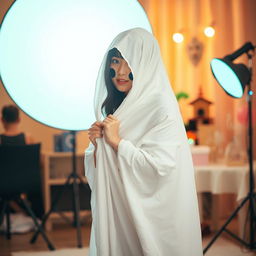 A female cosplayer dressed as a classic white sheet ghost, playfully peeking from behind a bright light source, creating a captivating contrast
