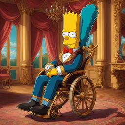 A Rococo-style portrait of Bart Simpson in a wheelchair, dressed in 18th-century attire, in an opulent setting.