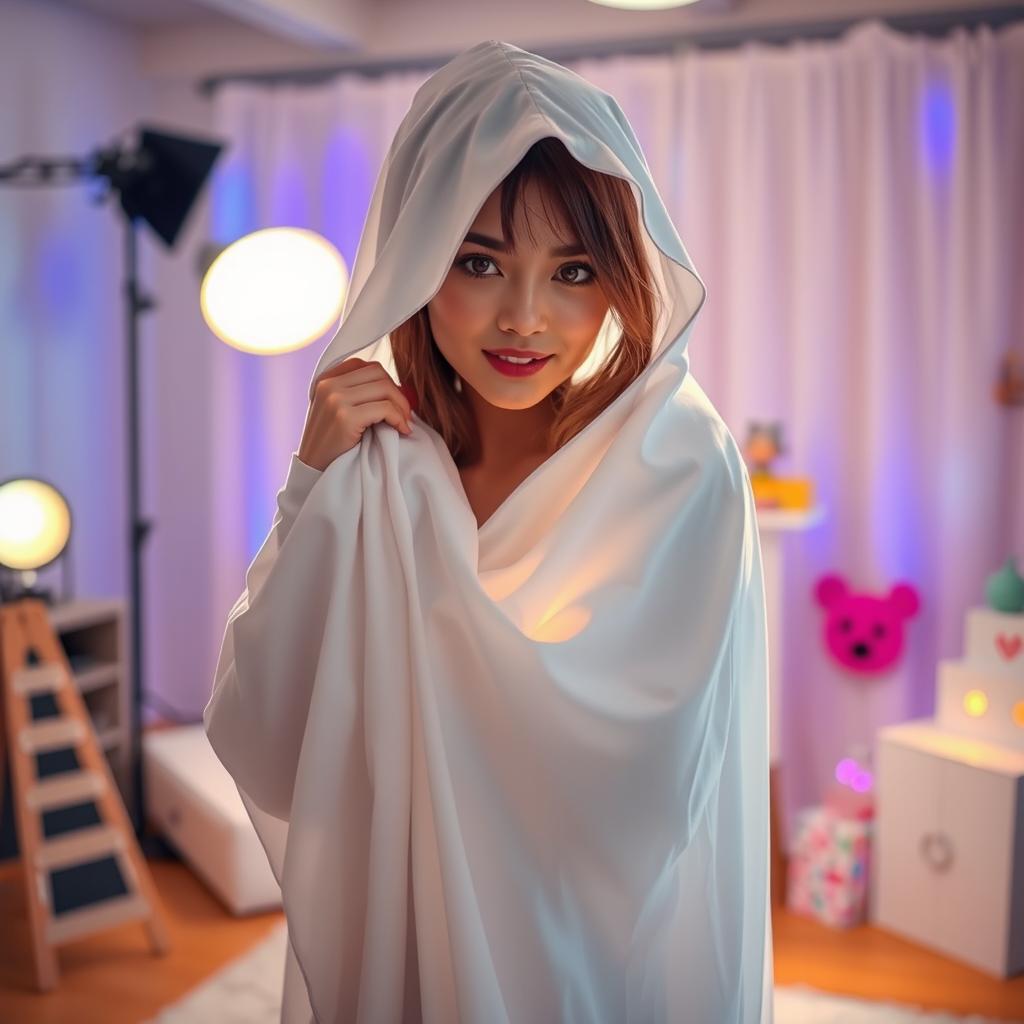 A female cosplayer dressed as a classic white sheet ghost, playfully peeking from behind a bright light source, creating a captivating contrast