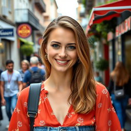A captivating 35-year-old woman from Denmark with natural makeup, wearing a vibrant blouse and jeans, smiling at the camera in a bustling street