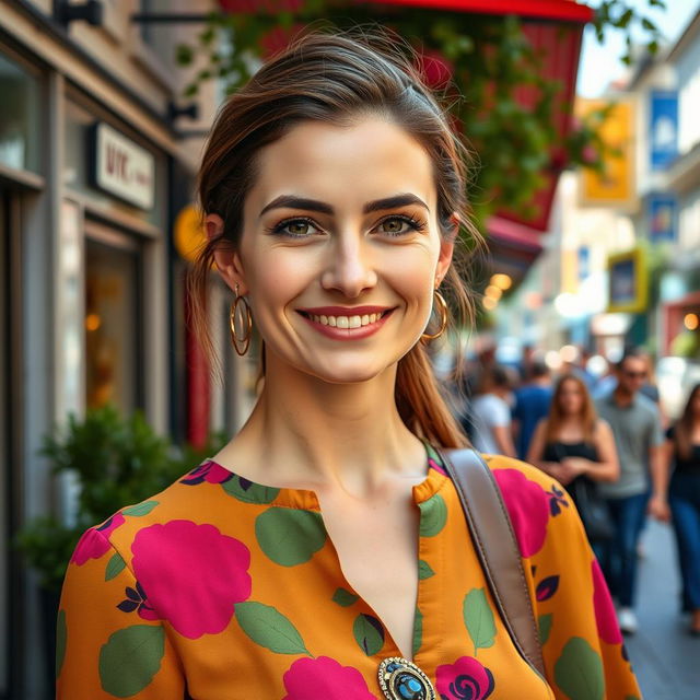 A captivating 35-year-old woman from Denmark with natural makeup, wearing a vibrant blouse and jeans, smiling at the camera in a bustling street