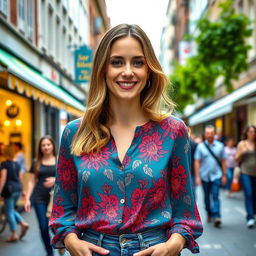 A captivating 35-year-old woman from Denmark with natural makeup, wearing a vibrant blouse and jeans, smiling at the camera in a bustling street