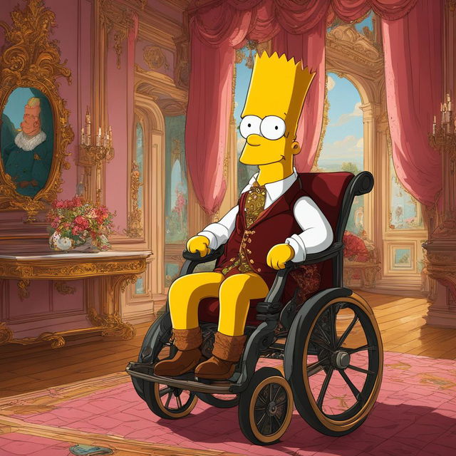 A Rococo-style portrait of Bart Simpson in a wheelchair, dressed in 18th-century attire, in an opulent setting.