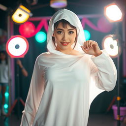 A female cosplayer dressed as a classic white sheet ghost with large breasts, playfully peeking from behind a bright light source