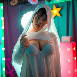 A female cosplayer dressed as a classic white sheet ghost with large breasts, playfully peeking from behind a bright light source