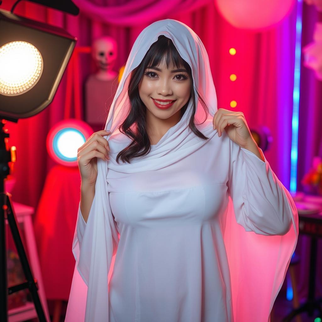 A female cosplayer dressed as a classic white sheet ghost with large breasts, playfully peeking from behind a bright light source