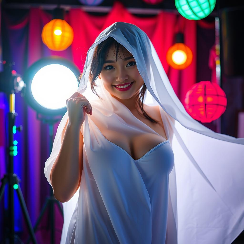 A female cosplayer from Indonesia dressed as a white sheet ghost with large breasts, playfully peeking from behind a bright light source