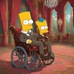 A Rococo-style portrait of Bart Simpson in a wheelchair, dressed in 18th-century attire, in an opulent setting.