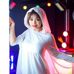 A female cosplayer from Indonesia dressed as a white sheet ghost with large breasts, playfully peeking from behind a bright light source