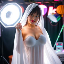 A female cosplayer from Indonesia dressed as a white sheet ghost with large breasts, playfully peeking from behind a bright light source