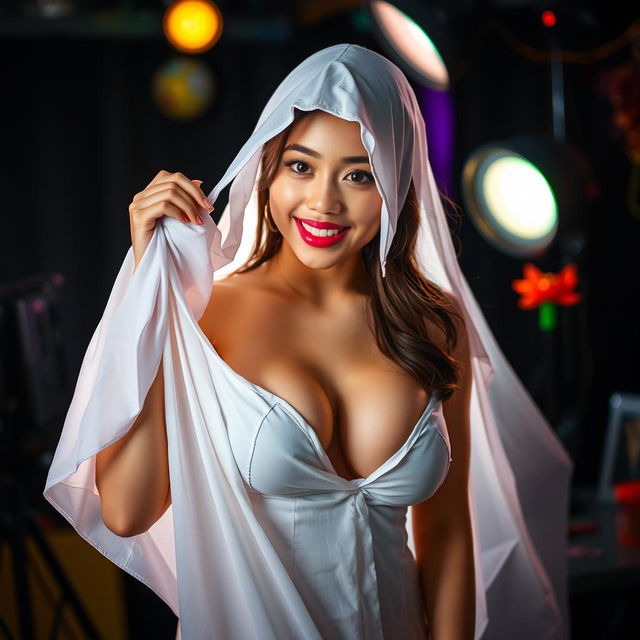 A female cosplayer from Indonesia dressed as a white sheet ghost with large breasts, playfully peeking from behind a bright light source