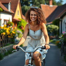 A stunning 39-year-old woman from Denmark with curly hair, riding a bicycle through a picturesque village