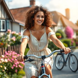 A stunning 39-year-old woman from Denmark with curly hair, riding a bicycle through a picturesque village