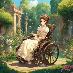 Studio Ghibli style character in an ornate Rococo wheelchair amidst a lush garden.