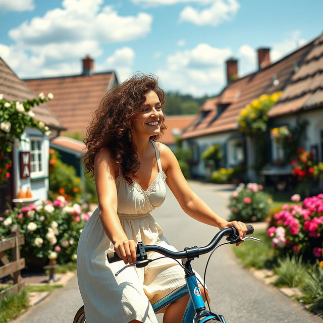 A stunning 39-year-old woman from Denmark with curly hair, riding a bicycle through a picturesque village