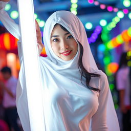 A female cosplayer of Chinese descent, dressed as a classic white sheet ghost with a playful twist, peeking from behind a bright light source