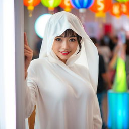 A female cosplayer of Chinese descent, dressed as a classic white sheet ghost with a playful twist, peeking from behind a bright light source