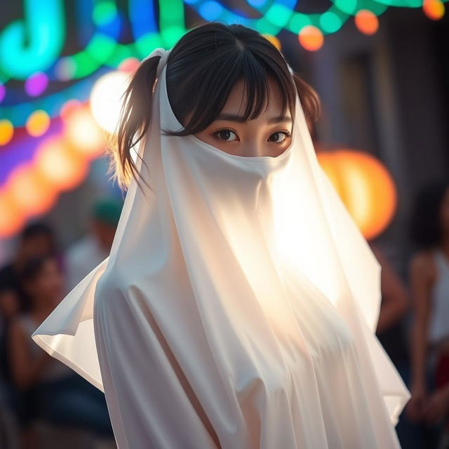 A female cosplayer of Chinese descent, dressed as a classic white sheet ghost with a playful twist, peeking from behind a bright light source