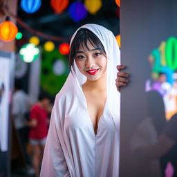 A female cosplayer of Chinese descent, dressed as a classic white sheet ghost with a playful twist, peeking from behind a bright light source