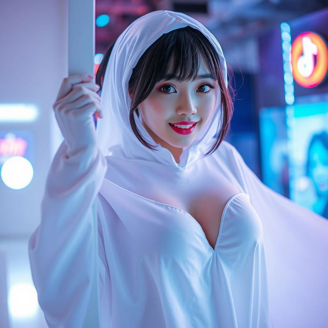 A female cosplayer of Japanese descent dressed in a playful white sheet ghost costume featuring large breasts, peeking from behind a bright light source