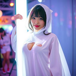 A female cosplayer of Japanese descent dressed in a playful white sheet ghost costume featuring large breasts, peeking from behind a bright light source