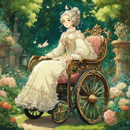 Studio Ghibli style character in an ornate Rococo wheelchair amidst a lush garden.