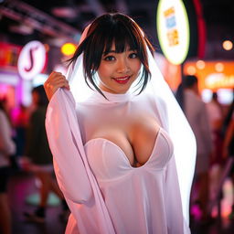 A female cosplayer of Japanese descent dressed in a playful white sheet ghost costume featuring large breasts, peeking from behind a bright light source