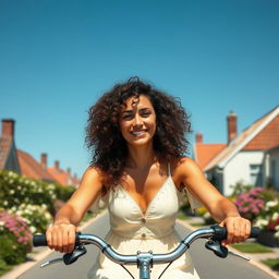 A stunning 39-year-old woman from Denmark with curly hair, riding a bicycle through a picturesque village