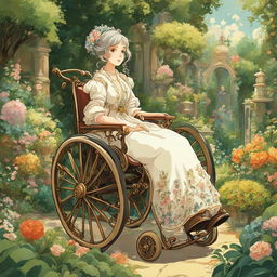 Studio Ghibli style character in an ornate Rococo wheelchair amidst a lush garden.